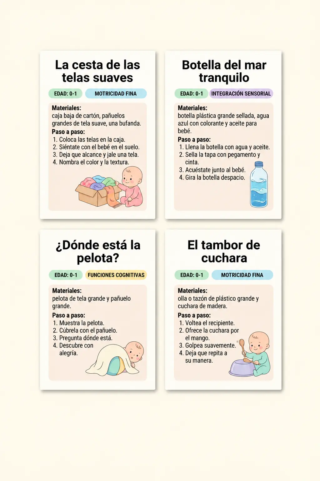Fichas impresas del bloque 0-1 años: La cesta de las telas suaves, Botella del mar tranquilo, ¿Dónde está la pelota? y El tambor de cuchara