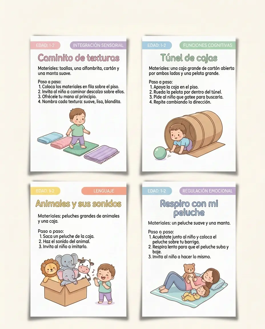 Fichas impresas del bloque 1-2 años: Caminito de texturas, Túnel de cajas, Animales y sus sonidos y Respiro con mi peluche