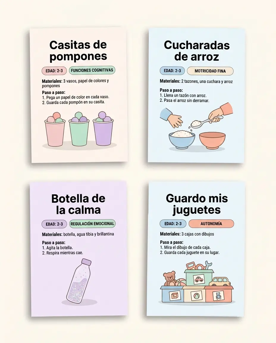 Fichas impresas del bloque 2-3 años: Casitas de pompones, Cucharadas de arroz, Botella de la calma y Guardo mis juguetes