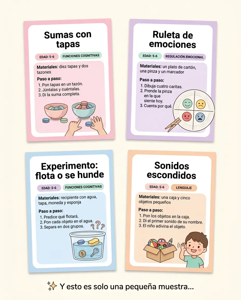 Fichas impresas del bloque 5-6 años: Sumas con tapas, Ruleta de emociones, Experimento flota o se hunde y Sonidos escondidos